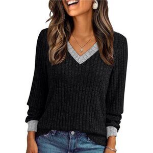 Color Block Black and Grey Long Sleeve Shirt Fall Tops Fashion Outfits Dressy